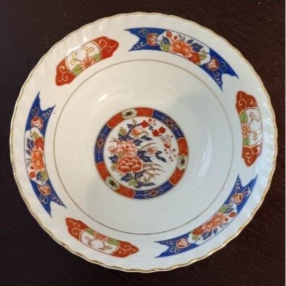 TONO CHINA Chinoiserie Bowl w/ Scalloped Edge, Gold Trim Floral Decor, JAPAN, 7" - Picture 1 of 6